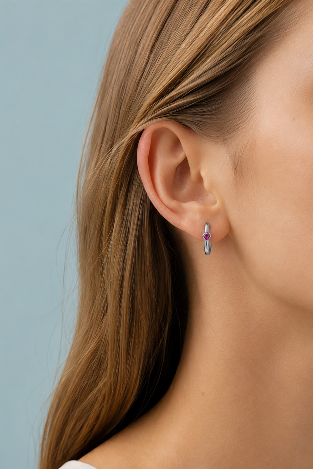 Ruby Heart Hoop Earrings Silver