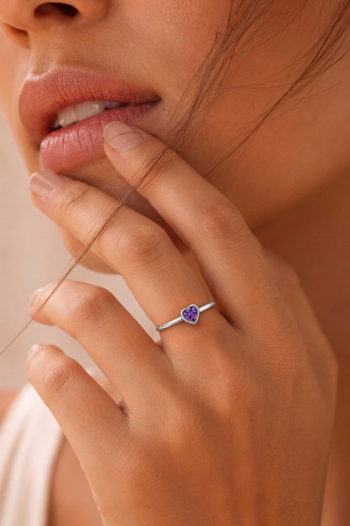 Model wearing Purple Heart Solitaire Ring Silver – Clair de Lune