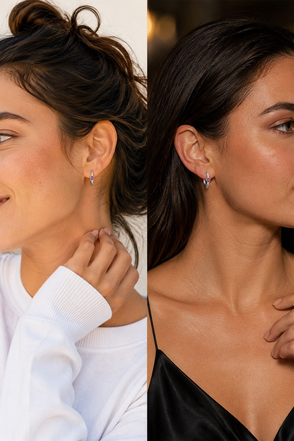 Ruby Heart Hoop Earrings  Silver