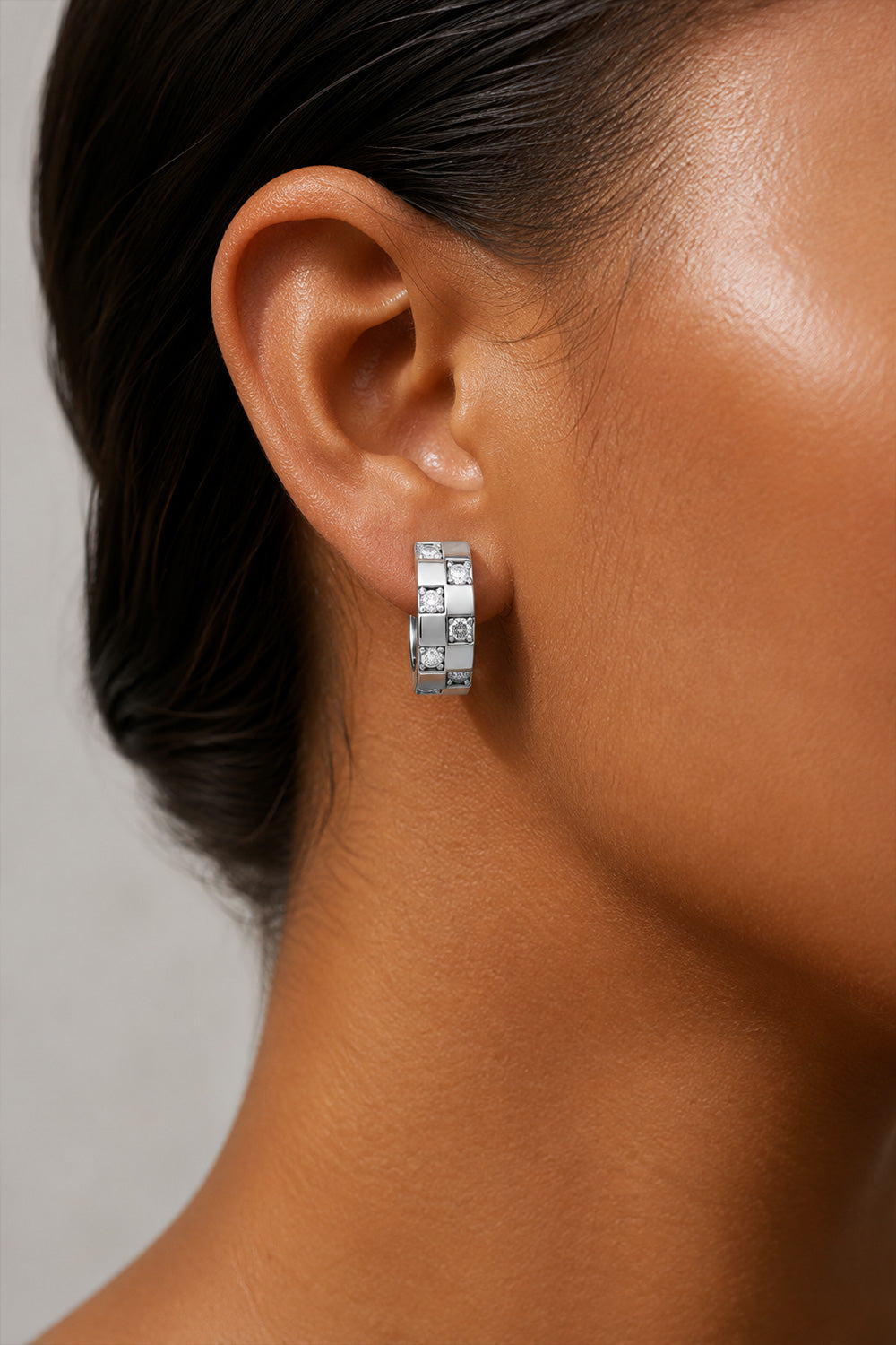 Geo Grid Huggie Silver
