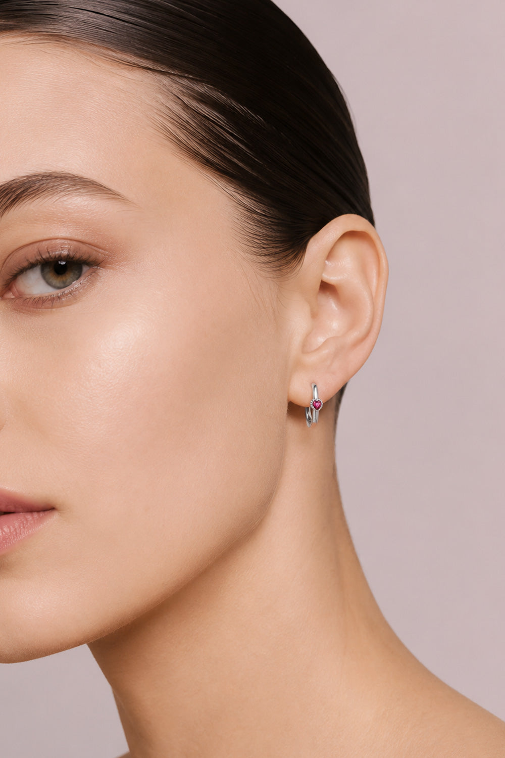 Ruby Heart Hoop Earrings  Silver