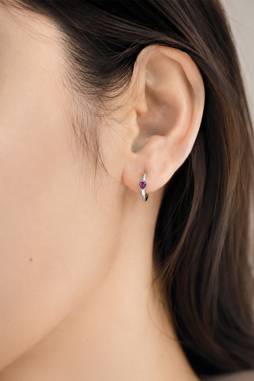 Ruby Heart Hoop Earrings  Silver