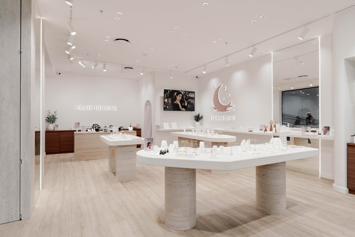 Bright interior and jewellery display tables at Clair De Lune Warringah Mall