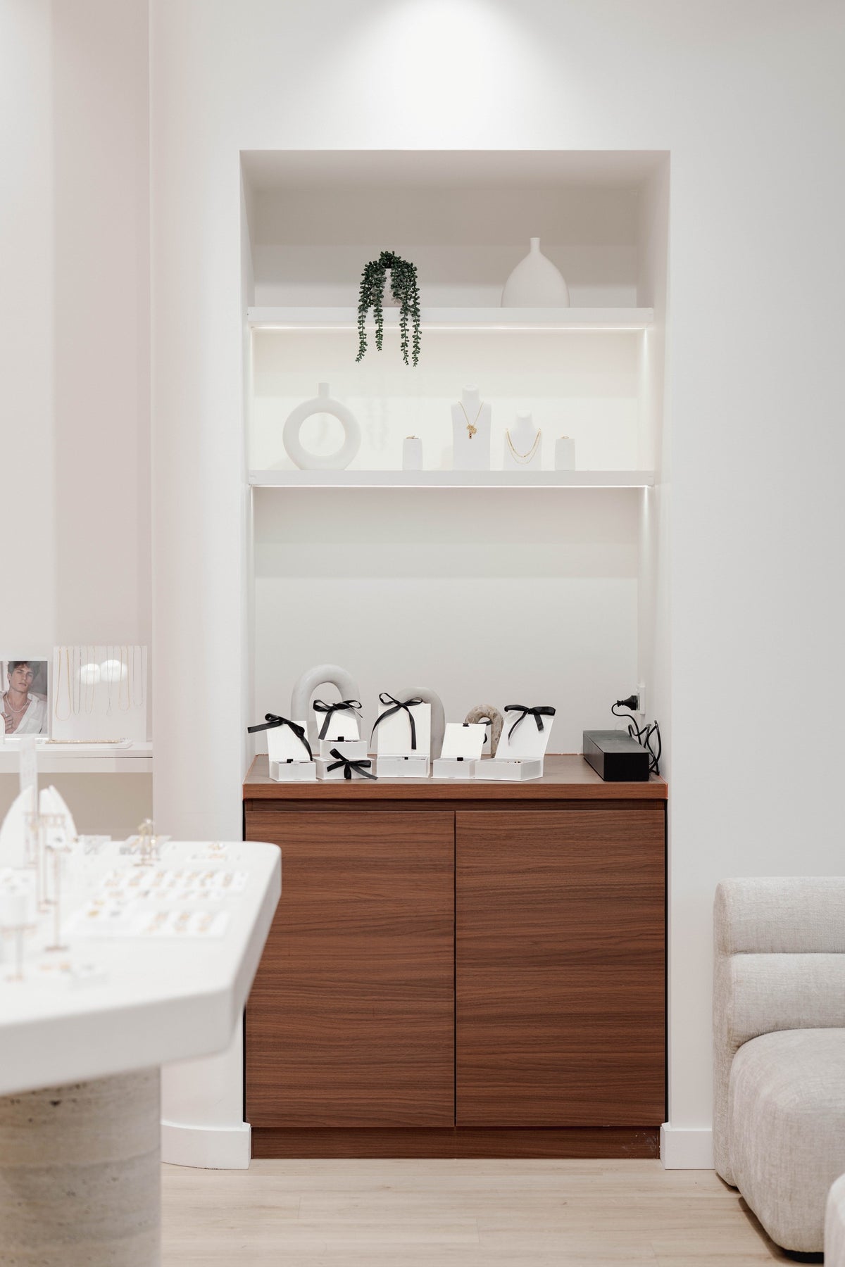 Jewellery shelves and timber cabinetry at Clair De Lune boutique