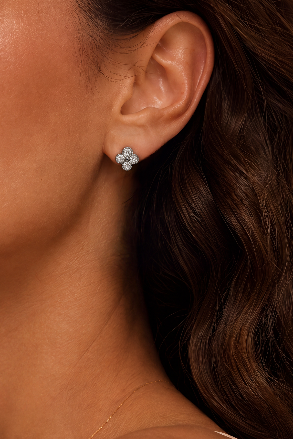 Model wearing Four Crystal Stud Earrings Silver – Clair de Lune