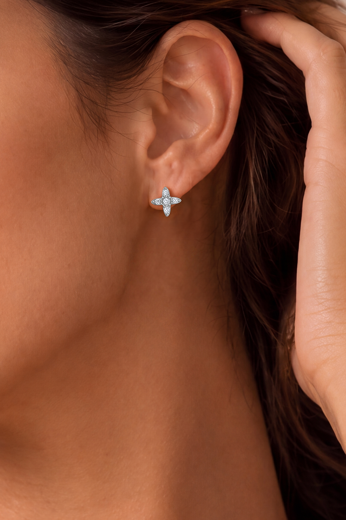 Model wearing Four Stone Flower Studs Silver – Clair de Lune