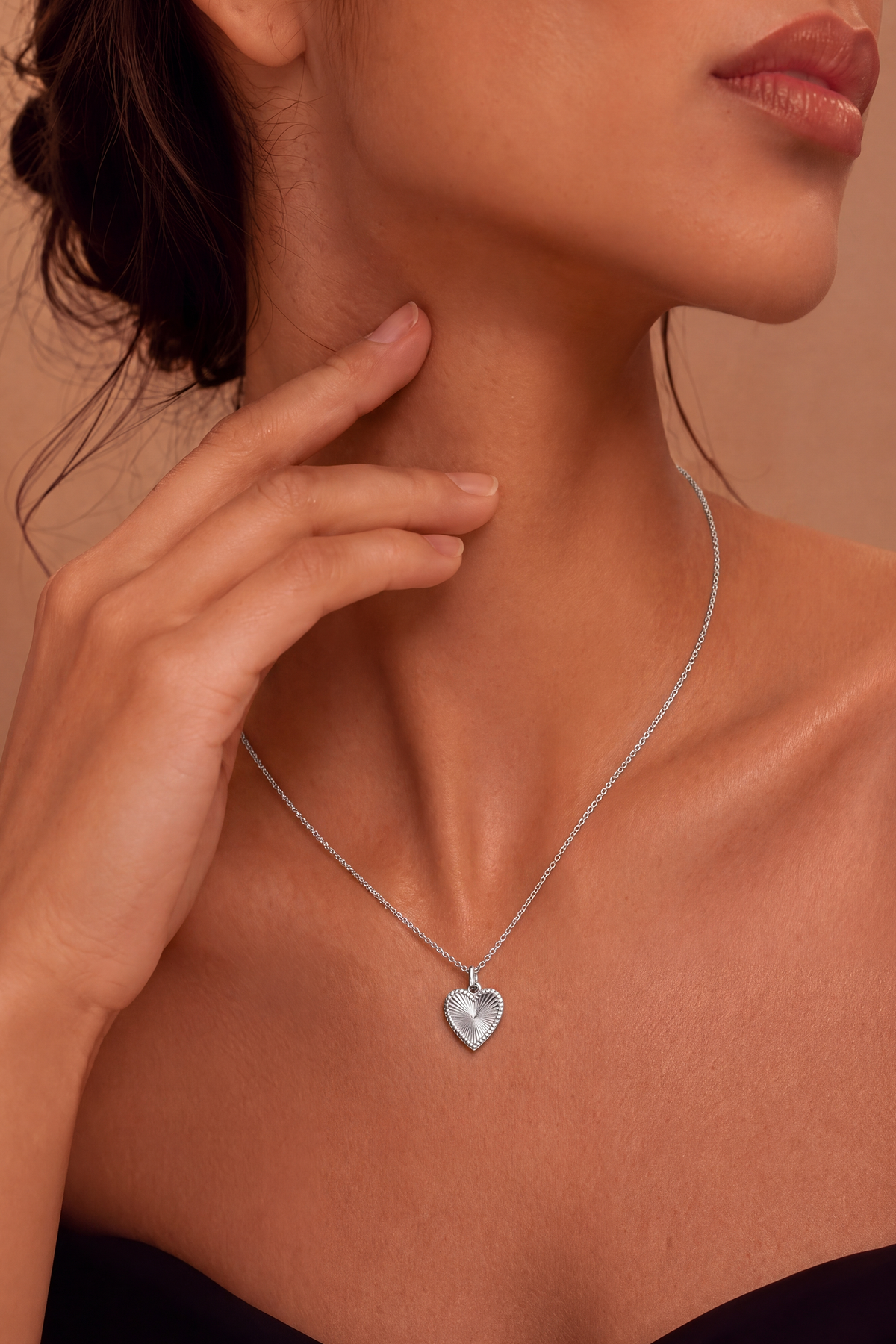 Model wearing Laser Heart Pendant Silver – Clair de Lune