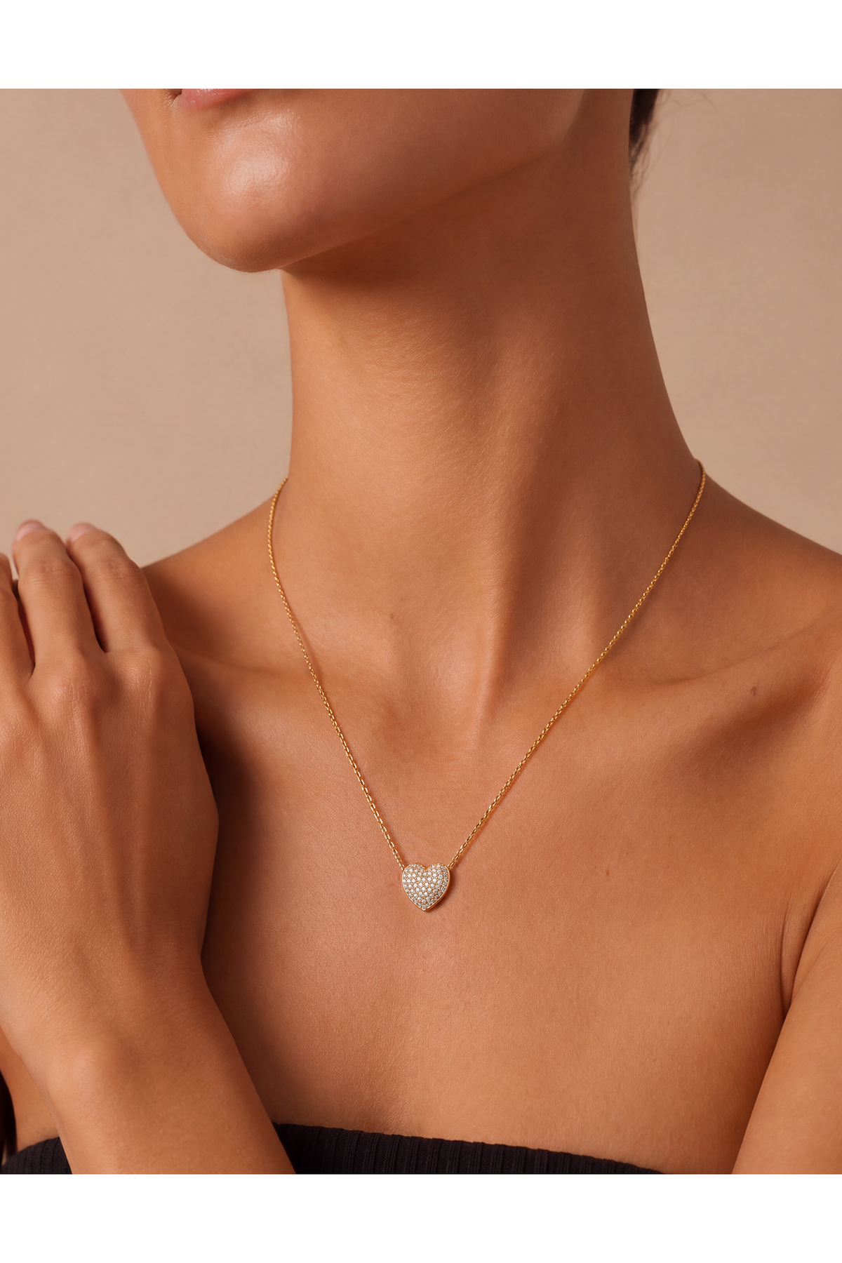 Model wearing Pave Heart Necklace Gold – Clair de Lune