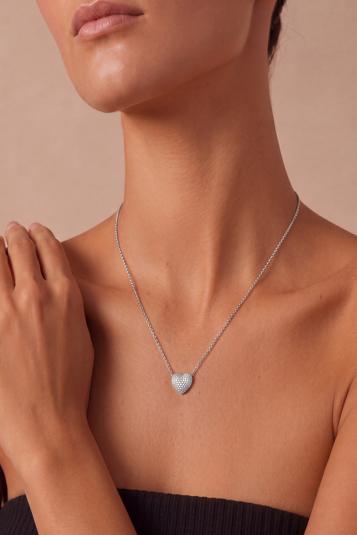 Model wearing Pave Heart Necklace Silver – Clair de Lune