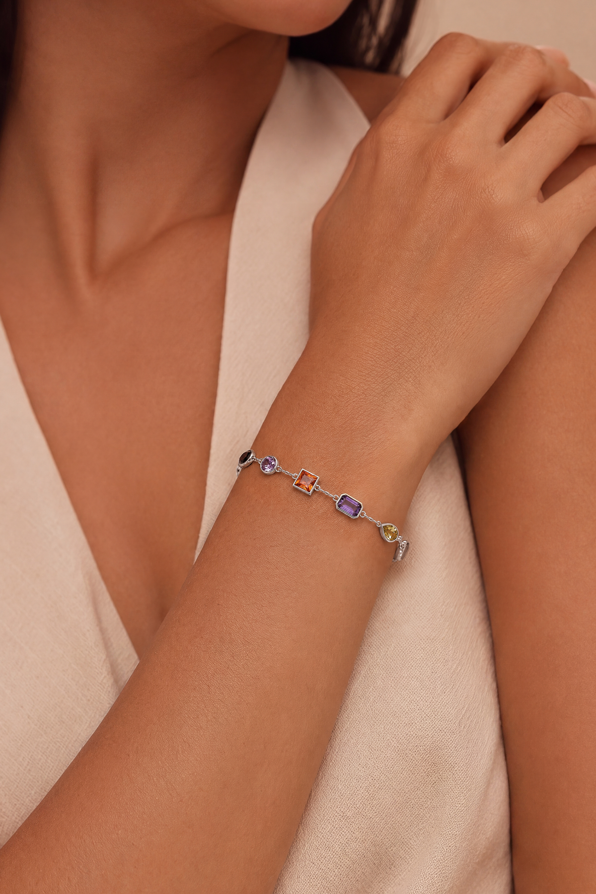 Model wearing Rainbow Stone Bracelet Silver – Clair de Lune