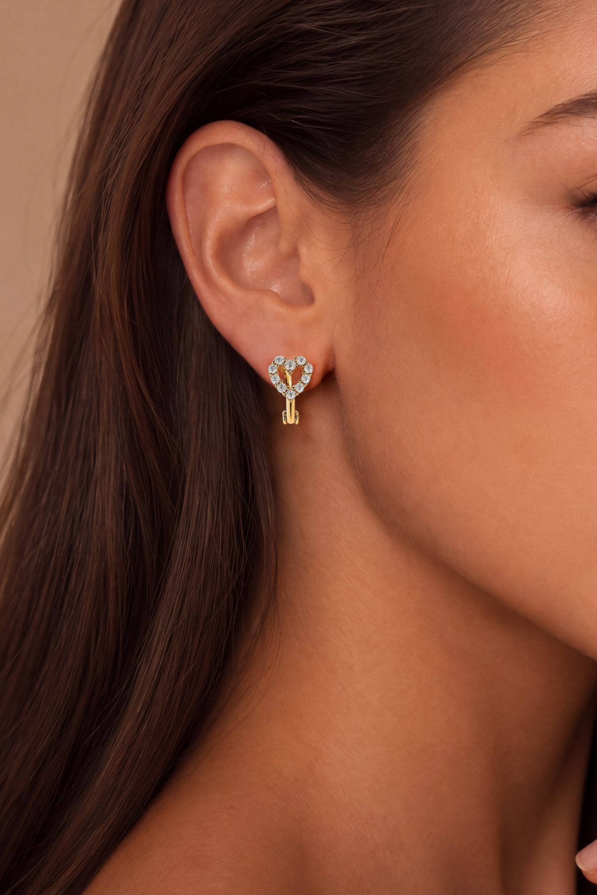 Model wearing Spark Heart Hoops Gold – Clair de Lune