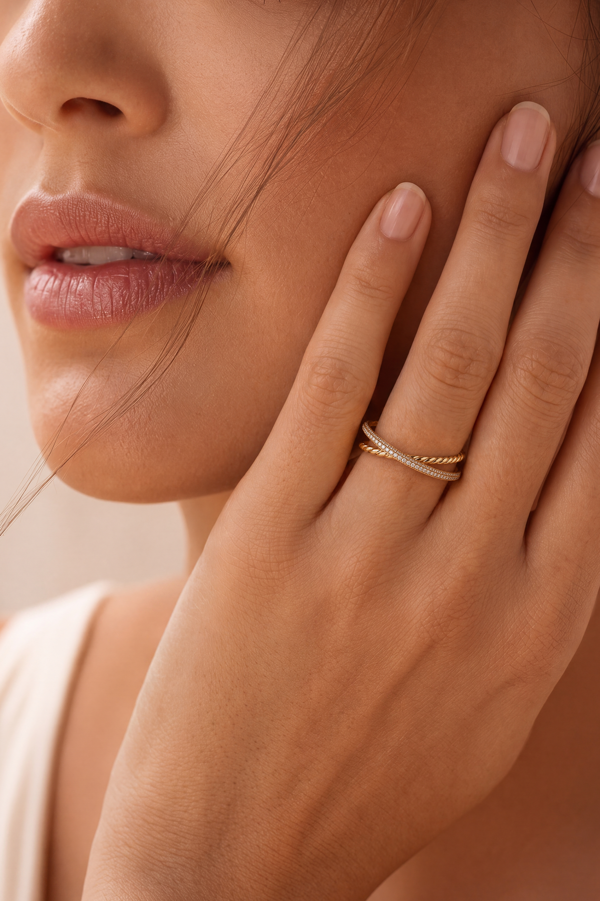 Model wearing Twist Pave Stack Ring Gold – Clair de Lune